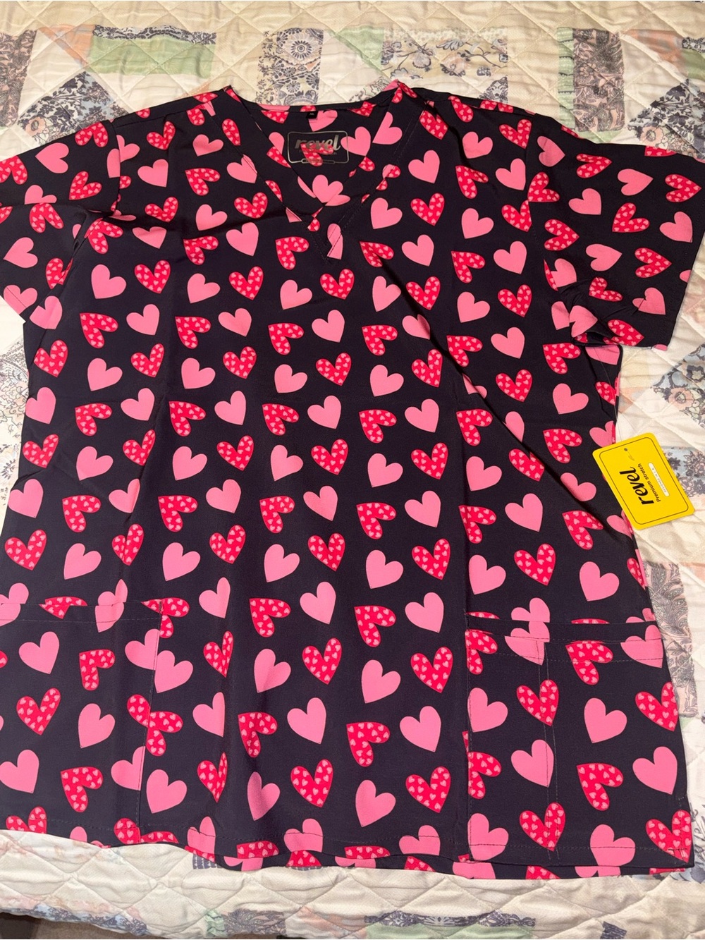 Revel Heart-Print Short Sleeve Scrub Top in Black & Pink